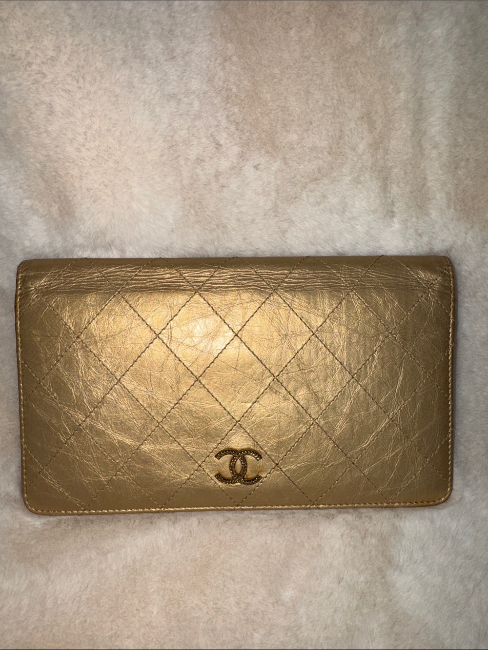 CHANEL Gold Quilted Crinkle Leather Matelasse Wallet with CC Logo
